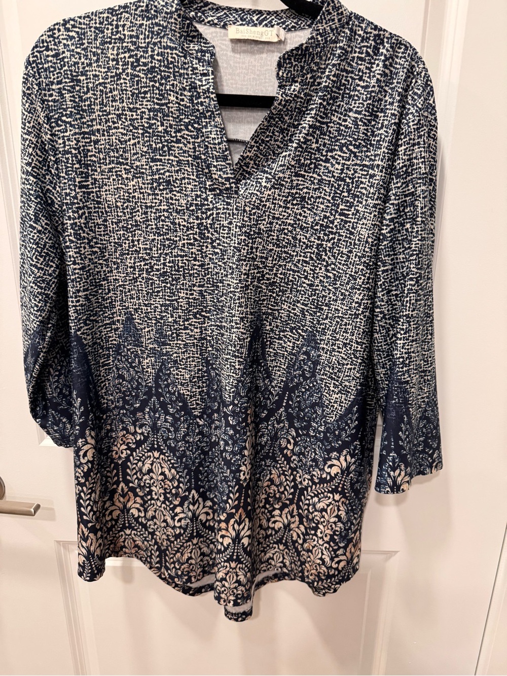 Navy and White V-Neck Border Print Tunic